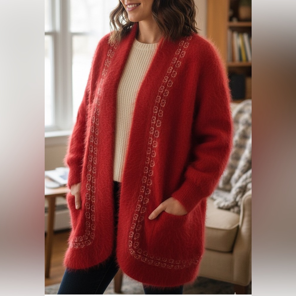Angora Cardigan Jacket Cardigan One Size‎ Red Embroidered Lined Pockets